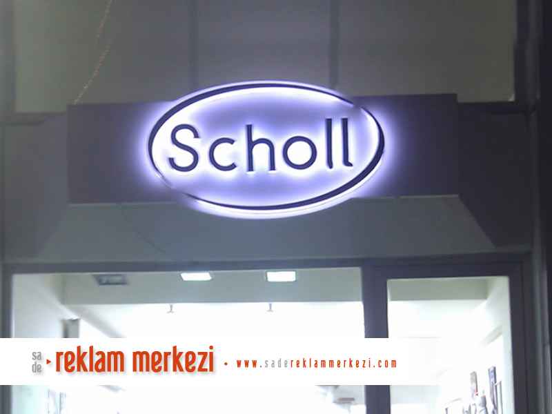 scholl alüminyum zeminli kutu harf tabela gece görünüm